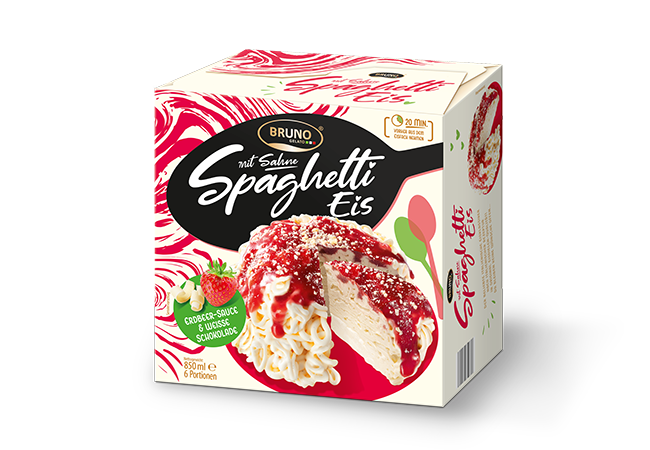 Bruno Gelato Verpackung mit Spaghetti-Eis Geschmack