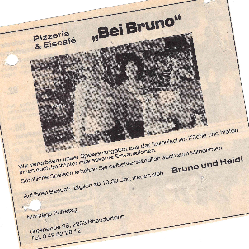 Bruno Gelato Zeitungsanzeige von 1988 zur Eröffnung des Eiscafes