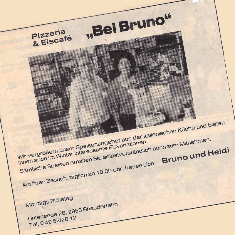 Bruno Gelato Zeitungsanzeige von 1988 zur Eröffnung des Eiscafes