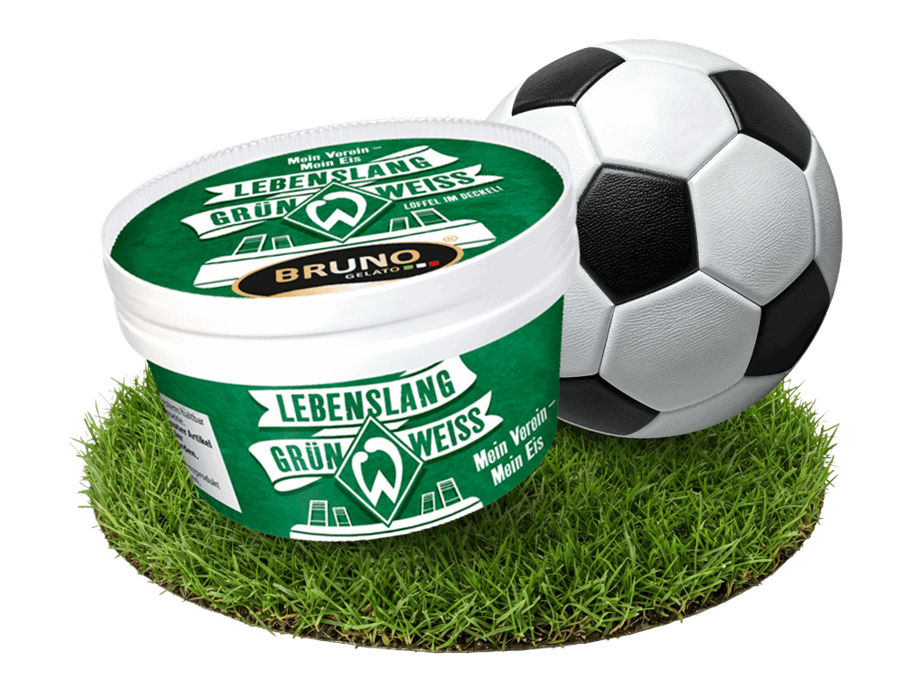 Bruno Gelato Werder-Bremen-Minicup „Lebenslang Grün-Weiß" mit Fußball auf Rasen – Das Eis für Profis